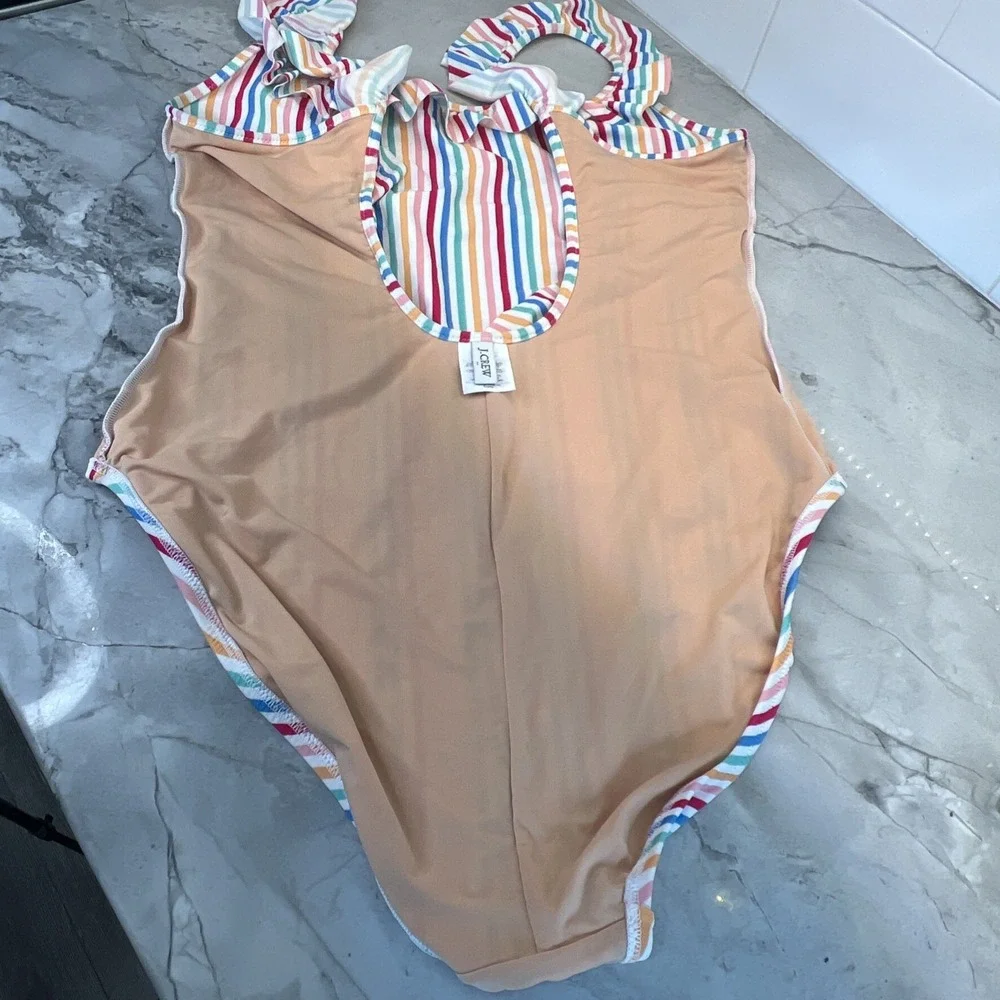 J.Crew One Piece Bathing Suit  Ruffle Trim Color Stripes Unpadded Sz L
